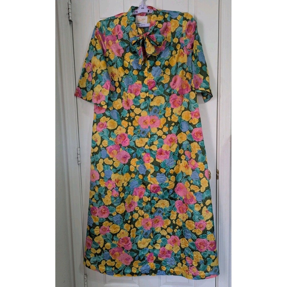 VTG 60s Floral House Coat Robe Large Satin Multicolor Bow Lightweight Glam MCM